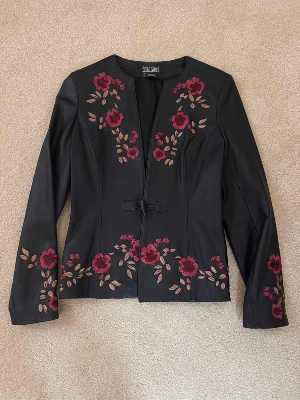 Black Leather Jacket with Rose Embroidery